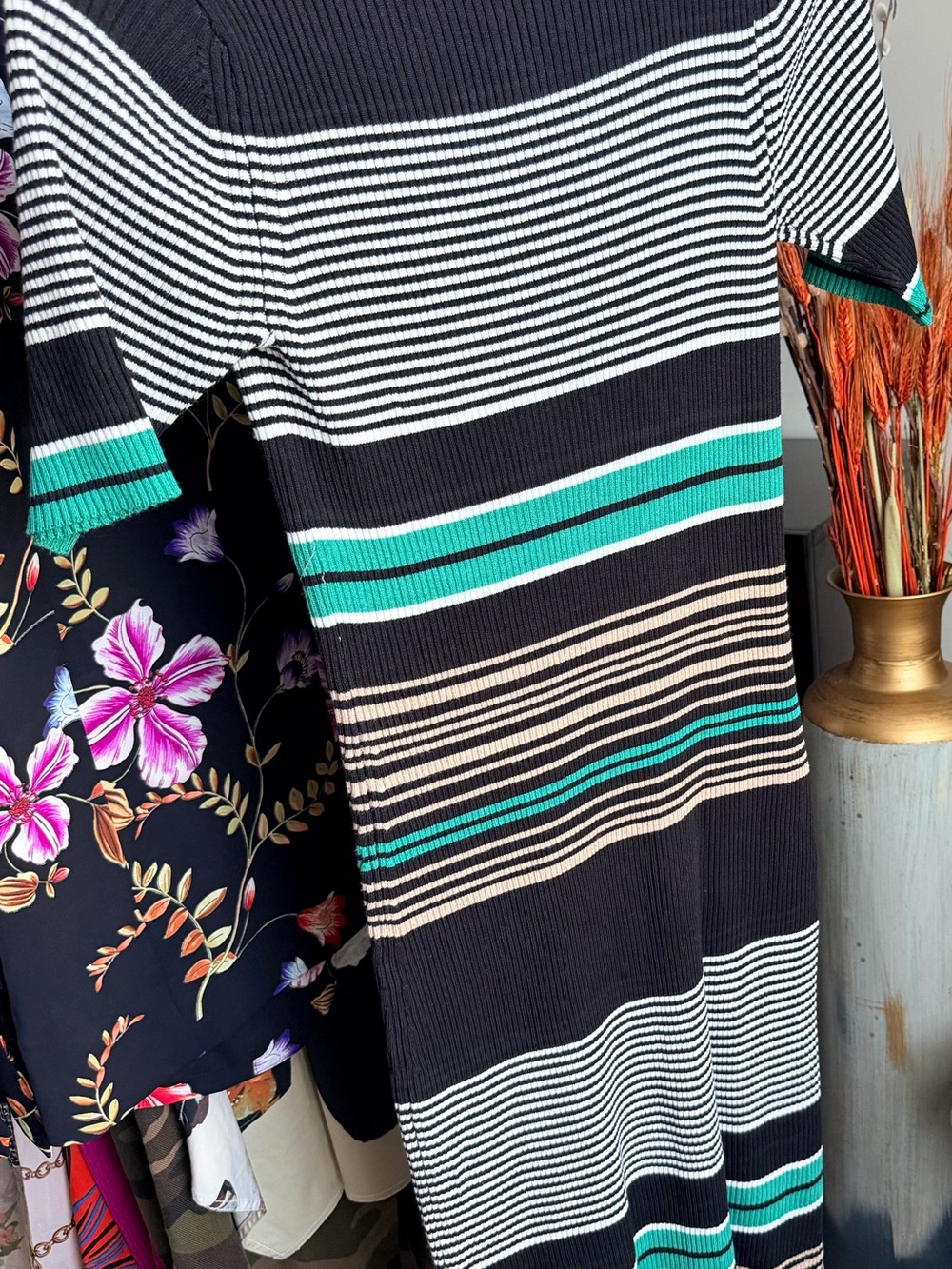 Nine West Black, White & Teal Striped Knit Dress